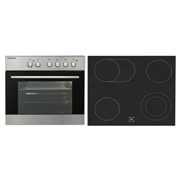 Respekta Premium Cocina esquinera Anton - An x Pr: 250 x 172 cm, Blanco, Con electrodomésticos - Horno de acero inoxidable y negro con puerta de cristal, combinado con una placa vitrocerámica negra de cuatro zonas de cocción.