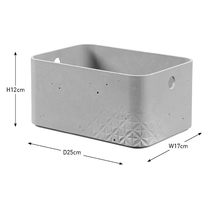 Curver Aufbewahrungsbox Beton S - L x B x H: 24 x 17 x 12 cm, Material: Kunststoff, Beton - Abgebildeter, grauer Betonkorb mit geometrischem Muster unten. Die Abmessungen des Korbes sind: H12cm, D25cm und W17cm.