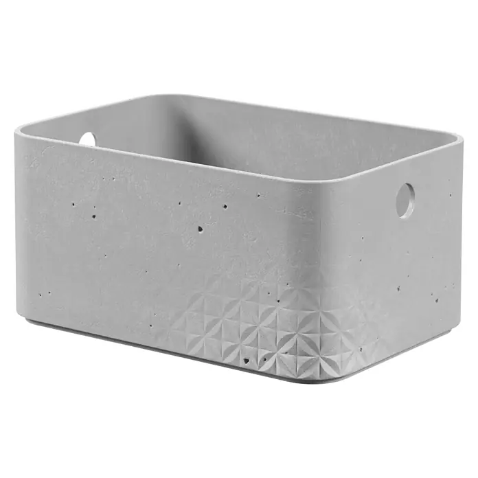 Curver Aufbewahrungsbox Beton S - L x B x H: 24 x 17 x 12 cm, Material: Kunststoff, Beton - Eine graue, rechteckige Betonbox mit geometrischen Mustern und runden Griffen an den Seiten, die eine moderne Aufbewahrungslösung bietet.