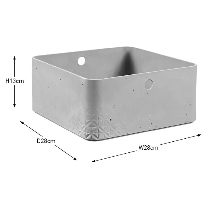 Curver Aufbewahrungsbox Beton L - L x B x H: 28 x 28 x 13 cm, Material: Kunststoff, Beton - Das Bild zeigt einen grauen, quaderförmigen Pflanzkasten mit den Maßen H13cm x T28cm x B28cm, ideal für Zimmerpflanzen.