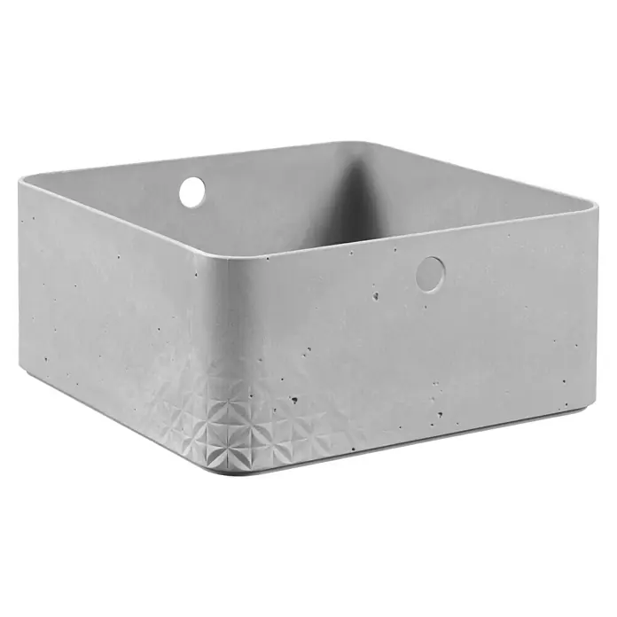 Curver Aufbewahrungsbox Beton L - L x B x H: 28 x 28 x 13 cm, Material: Kunststoff, Beton - Grauer Pflanzkübel aus Beton mit quadratischer Form und dekorativen Mustern an der Unterseite, ideal für Innen- und Außenbereich.