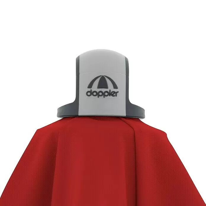 Doppler Expert Marktschirm Auto Tilt - Bordeaux, Bespannungsmaß (L x B): 140 x 220 cm - Rotes Schirmdach mit grau-weißem Griff und Doppler-Logo.