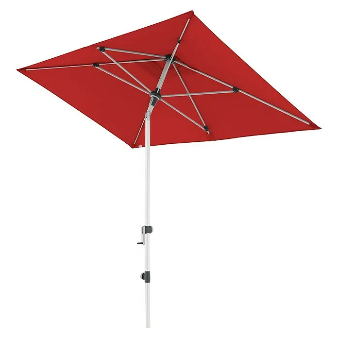 Doppler Expert Marktschirm Auto Tilt - Bordeaux, Bespannungsmaß (L x B): 140 x 220 cm - Roter, rechteckiger Gartenschirm. Der Sonnenschirm mit silbernem Gestell spendet Schatten.