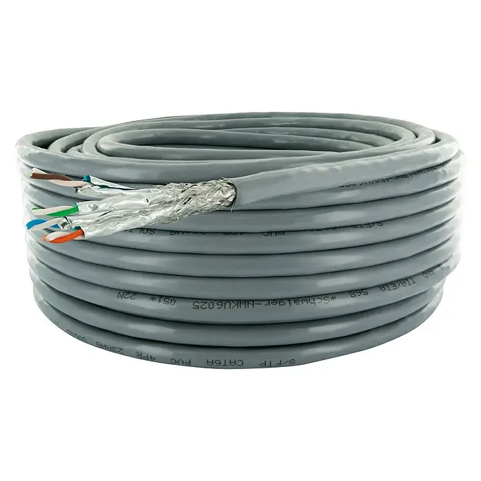 Netzwerkleitung S/FTP - CAT6a, Länge: 25 m, Grau, Bis zu 10 Mbit/s - Rolle mit grauem Schwaiger CAT6A S/FTP-Kabel, ideal für Hochgeschwindigkeits-Netzwerkverbindungen, mit hochwertiger Schirmung für optimale Leistung.