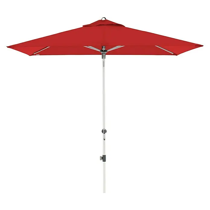 Doppler Expert Marktschirm Auto Tilt - Bordeaux, Bespannungsmaß (L x B): 140 x 220 cm - Roter quadratischer Sonnenschirm mit weißem Gestell. Der Schirm ist perfekt für sonnige Tage im Garten oder auf der Terrasse.