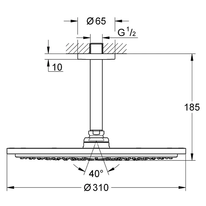 Grohe Rainshower Cosmopolitan 310 Kopfbrausen-Set - Durchmesser: 31 cm, 9,5 l/min, Deckenmontage, Hard Graphite gebürstet - Technische Zeichnung eines GROHE Duschkopfes mit Maßangaben für Durchmesser und Höhe.