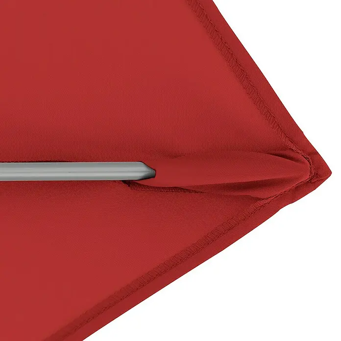 Doppler Expert Marktschirm Auto Tilt - Bordeaux, Bespannungsmaß (L x B): 140 x 220 cm - Nahaufnahme einer roten Sonnenschirmspitze mit Metallverstrebung und sauberer Naht, ideal für Außenbereiche.