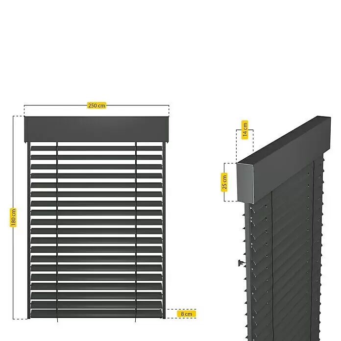 Schellenberg Raffstore Express - 250 x 180 cm - Dunkelgraue Jalousie mit Maßangaben.