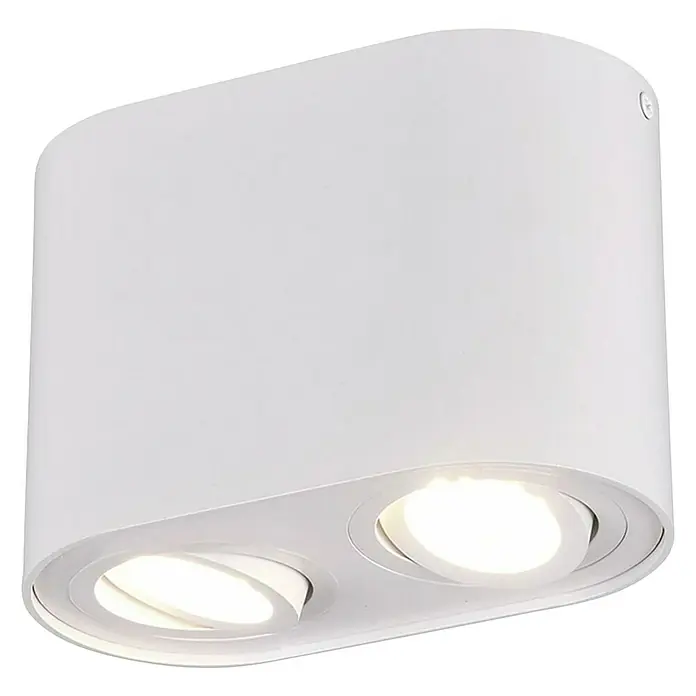 Trio Lighting Regleta Cookie - 35 W, Blanco, GU10, Número de bombillas: 2 ud. - Primer plano de una moderna lámpara de techo blanca con dos lámparas redondas que emiten luz brillante.