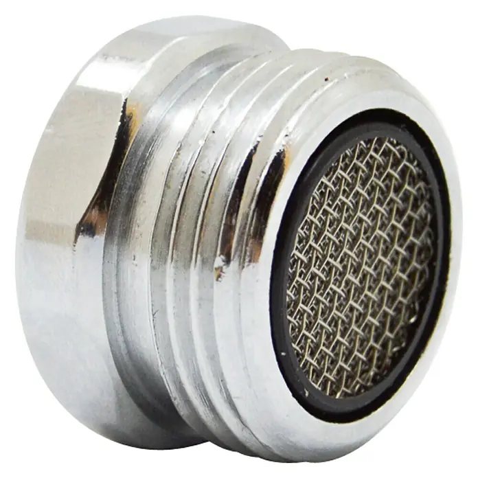 Adaptador para grifo macho - Rosca exterior: ¾″, Latón, Macho - Hembra - Primer plano de un aireador de grifo cromado con malla metálica fina para agua limpia.