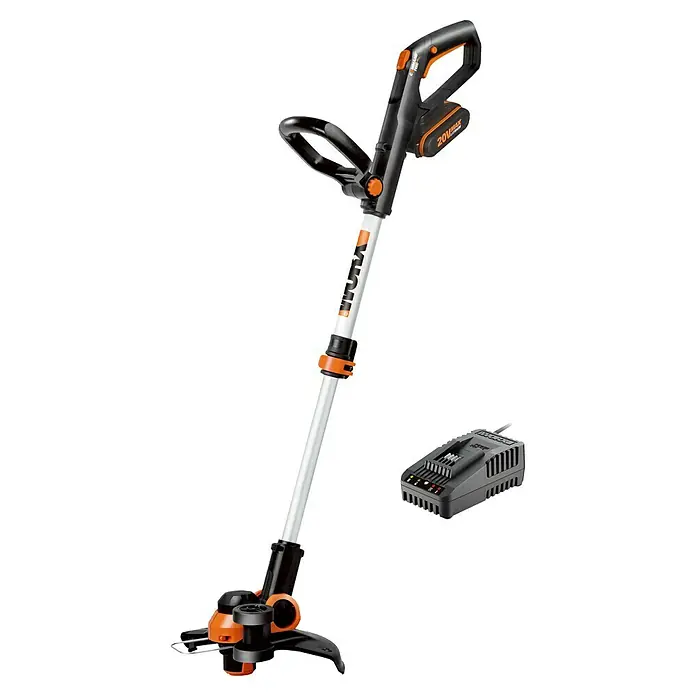 Worx PowerShare 20V Akku-Rasentrimmer WG163E.2 - 20 V, 2 Ah, Li-Ionen, 1 Akku - Abbildung eines Worx-Rasentrimmers mit Akku und Ladegerät. Ideal für die Gartenarbeit, um Rasenflächen zu pflegen und zu trimmen.