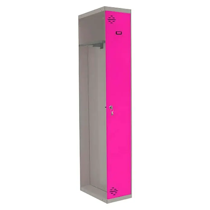 Simonrack Simonlocker Taquilla Prof. Single-Divider Inicial Desmontada - L x An x Al: 50 x 50 x 180 cm, Número de puertas: 1 ud., Gris/Rosa - Armario estrecho con puerta rosa y cuerpo gris. El armario ofrece espacio de almacenamiento para ropa y objetos personales.