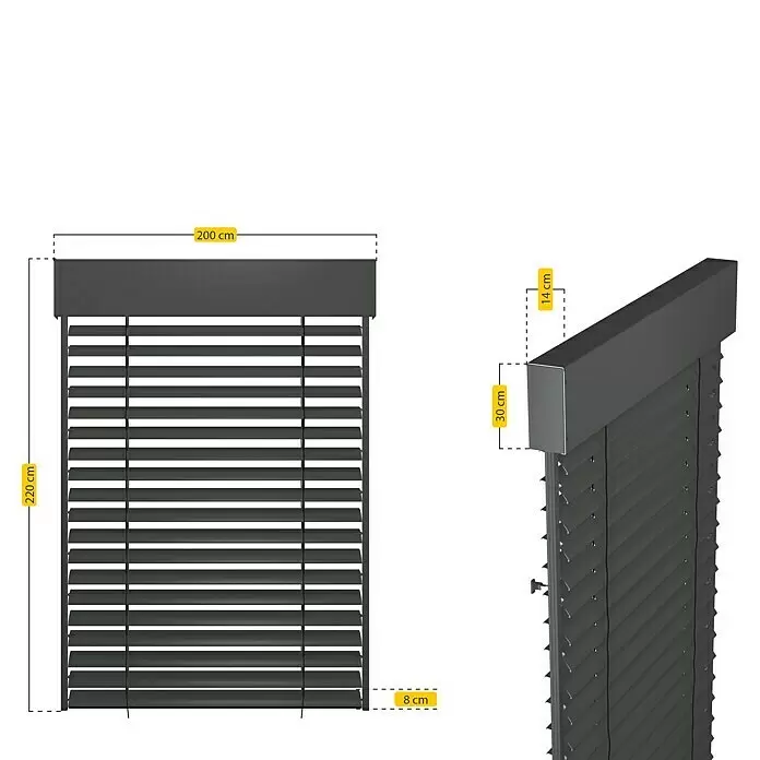 Schellenberg Raffstore Express - 200 x 220 cm - Dunkelgraue Jalousie mit Produktmaßen.