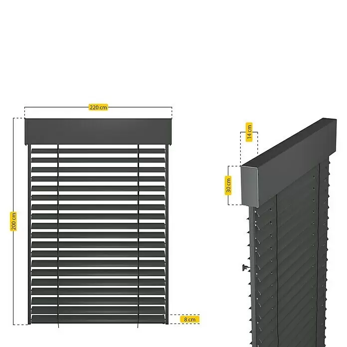 Schellenberg Raffstore Express - 220 x 200 cm - Dunkelgraue horizontale Lamellenjalousie, Maße 220x200 cm, mit Kopfschiene 14 cm tief und Lamellentiefe 8 cm.