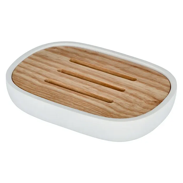 Venus Katta Seifenschale - Weiß, Polyresin - Seifenschale mit einem Holzaufsatz und einem weißen Rand.