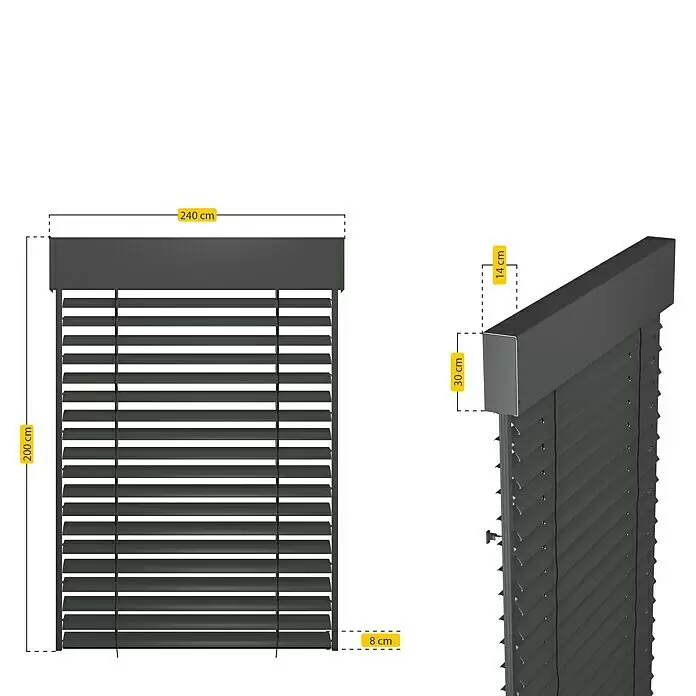 Schellenberg Raffstore Express - 240 x 200 cm - Dunkelgraue horizontale Jalousie, 240cm breit, 200cm hoch. Kopfschiene 14cm tief, 30cm hoch. Unterschiene 8cm tief.