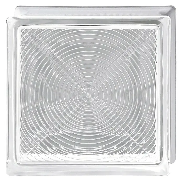 Bloque de vidrio Neutro peatonal - Transparente, 19 x 19 x 8 cm - Un bloque de vidrio cuadrado y transparente con un diseño circular en el interior, ideal para proyectos de construcción decorativa y para difuminar la luz.