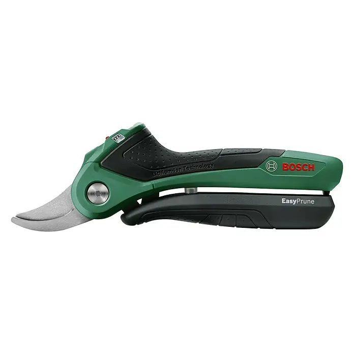Bosch Tijeras de podar de batería EasyPrune - 3,6 V, 1 batería, Grosor de rama máx.: 25 mm - Imagen de una tijera de jardín inalámbrica verde Bosch EasyPrune. El dispositivo está diseñado ergonómicamente y cuenta con tecnología de iones de litio.