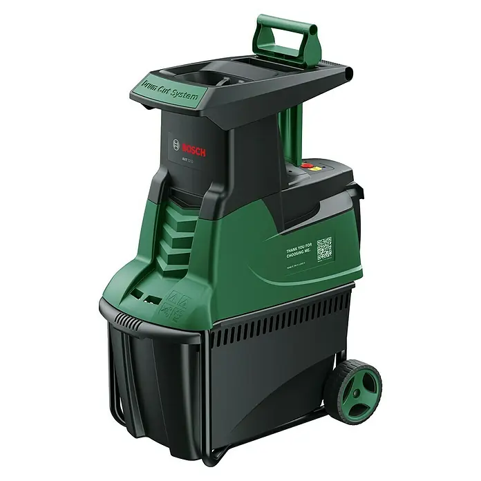 Bosch Elektro-Leisehäcksler AXT 25 D - Max. Aststärke: 4 cm, 2.500 W - Das Bild zeigt einen Bosch AXT 22 D Gartenhäcksler in Grün und Schwarz, der für das Zerkleinern von Gartenabfällen konzipiert ist.