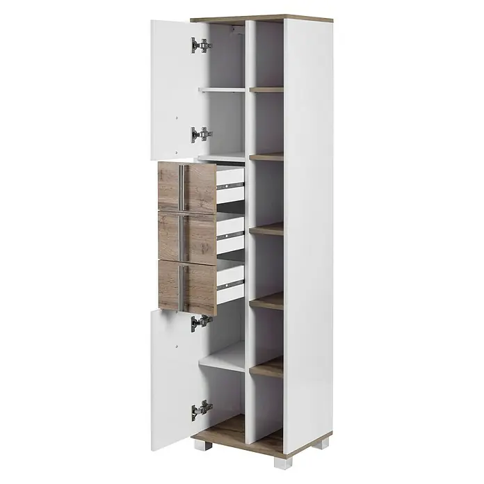 Schildmeyer Luca Hochschrank - 42 x 32 x 164 cm, Weiß/Wotaneiche - Offener weißer Holzschrank mit Regalen und Schubladen für zusätzlichen Stauraum. Perfekt für Schlafzimmer oder Ankleidezimmer.