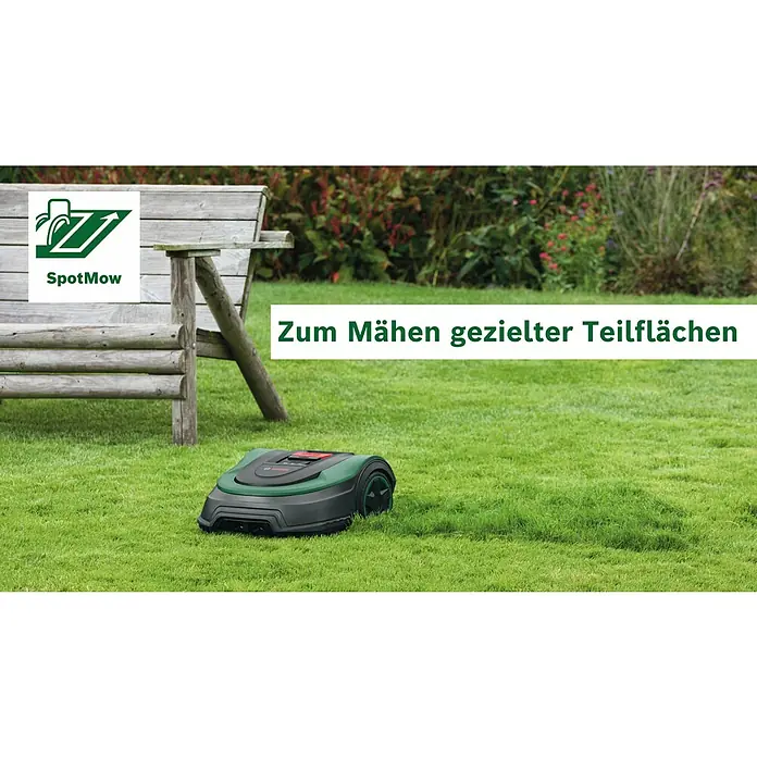 Bosch Mähroboter Indego M 700 - 700 m², Schnittbreite: 19 cm, Induktionsgestützte Navigation, Begrenzungskabel - SpotMow Mähroboter auf Rasen vor Holzbank. Ideal zum gezielten Mähen von Teilflächen, effizient und präzise.