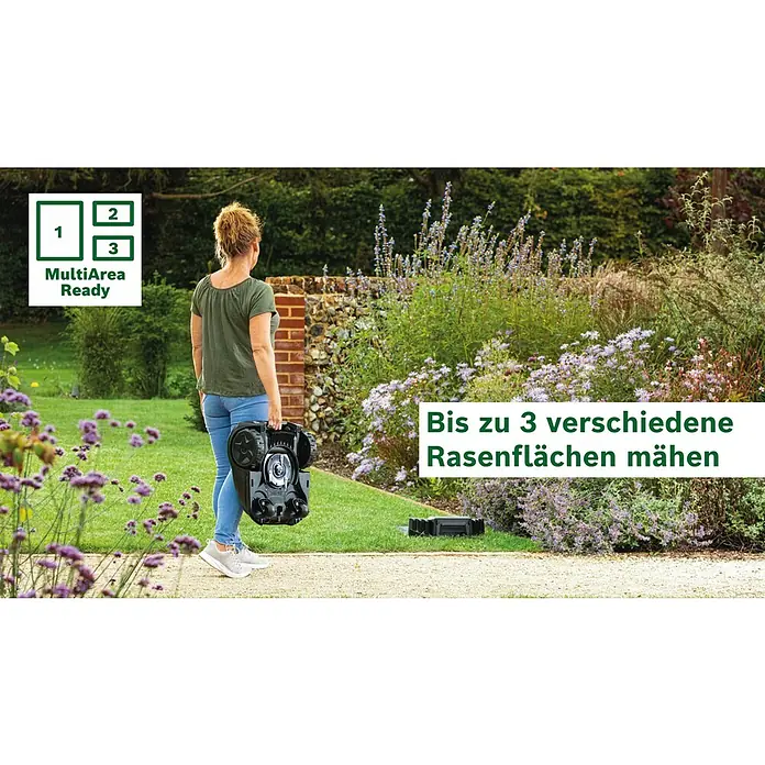 Bosch Mähroboter Indego M 700 - 700 m², Schnittbreite: 19 cm, Induktionsgestützte Navigation, Begrenzungskabel - Frau trägt Mähroboter der Marke Worx. Der Worx-Mähroboter ist MultiArea-fähig und kann bis zu drei Rasenflächen mähen.