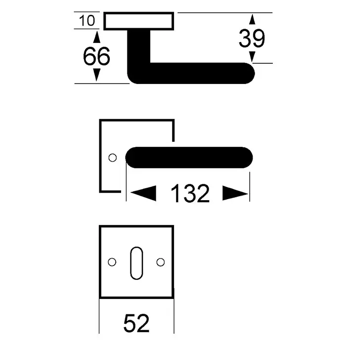 Lienbacher WC-Drückergarnitur Vector - Schlitzkopf/Olive - Schematische Darstellung eines Türgriffs mit Maßangaben für Design und Installation.