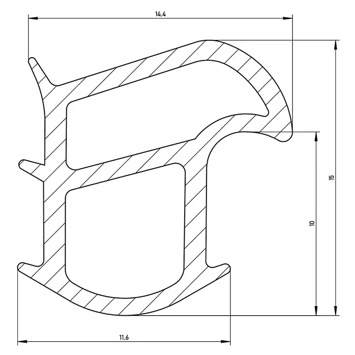 Solid Elements Türdichtung - Grau, 5 m x 14,4 mm x 15 mm, Passend für: Stahlzargen - Technische Zeichnung eines Dichtungsprofils mit Bemaßungen.