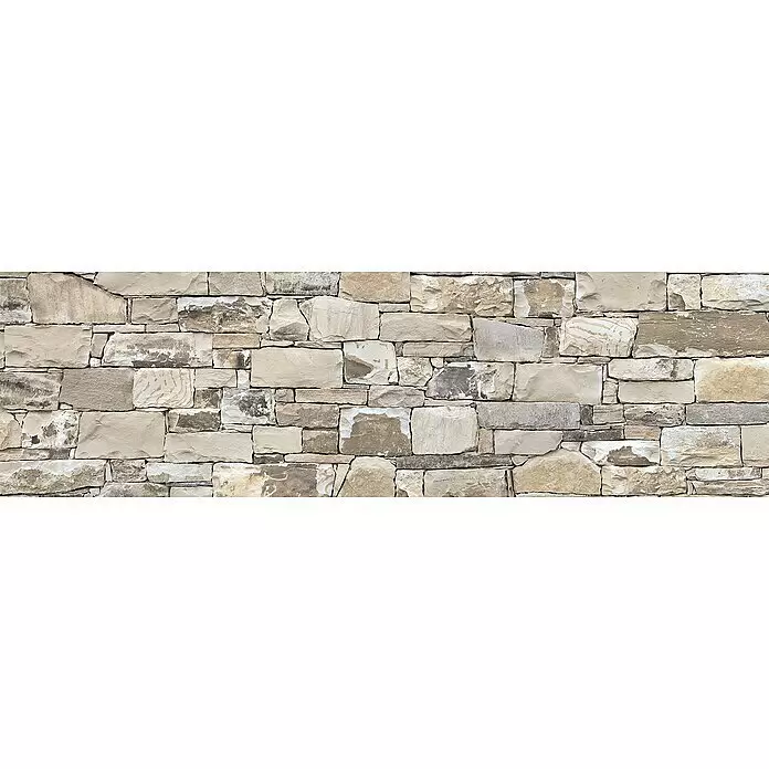 Küchenrückwand WandArt easy - New Bricks, 200 x 58,5 cm, Stärke: 3 mm, Schichtstoff - Unregelmäßige Steinmauer aus Blöcken unterschiedlicher Größen in Naturfarben wie Beige, Braun und Grau.