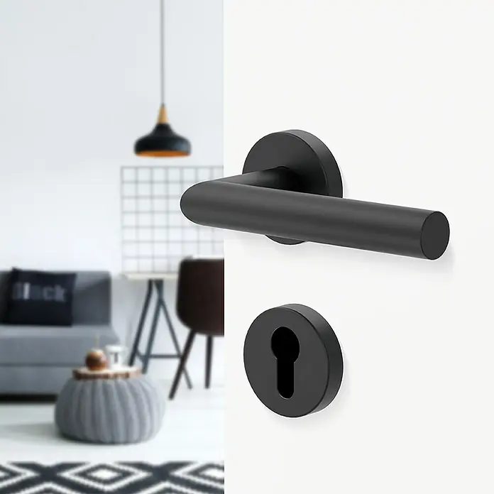 Diamond Doors Modern Drückergarnitur L-Form - Stärke Tür: 38 mm - 45 mm, Edelstahl, L-Form, Profilzylinder - Elegantes Türbeschläge-Set in Schwarz, bestehend aus einem Hebel und einem Schlüssellochschild.