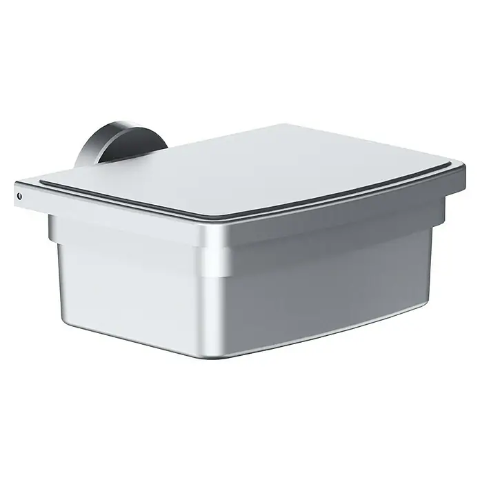 Camargue Paris Feuchttücherbox - 12 x 17 x 8 cm, Edelstahl, Gebürstet - Nahaufnahme eines silbernen, an der Wand montierten Seifenspenders mit einem rechteckigen Design und abgerundeten Kanten.