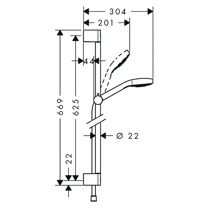 Hansgrohe Brausegarnitur Croma Select E Vario - Lochabstand: 62,5 cm, Art Strahl: Rain, TurboRain, IntenseRain, Chrom/Weiß - Technische Zeichnung einer Duschstange mit Maßen. Ideal für Badplanung und Installation mit präzisen Angaben.