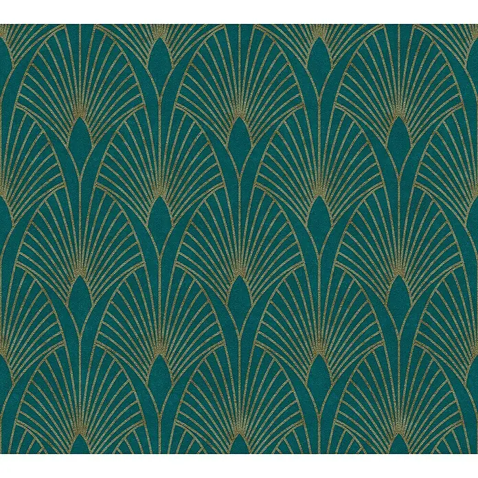 A.S. Création New Walls Vliestapete Art Deco - Grün/Gold, Grafisch, 10,05 x 0,53 m - Ein elegantes Art-Deco-Muster mit goldenen Fächerlinien auf einem tiefgrünen Hintergrund. Perfekt für stilvolle Akzentwände und luxuriöse Interieurs.