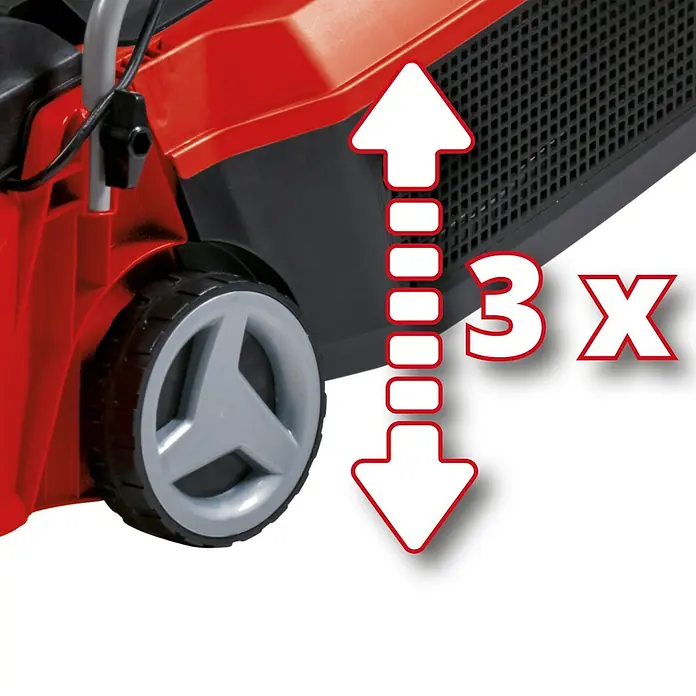 Einhell PXC 18V Cortacésped de batería GE-CM 18/30 Li - 18 V, Iones de litio, 3 Ah, 1 batería, Ancho de corte: 30 cm - Imagen de una cortadora de césped que ofrece 3 posiciones de altura, ofreciendo flexibilidad al cortar diferentes céspedes.\n