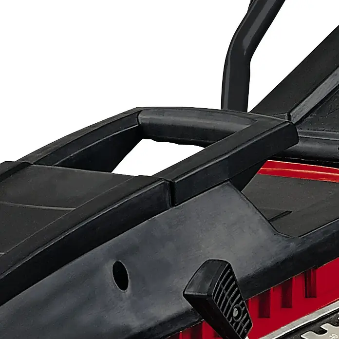 Einhell Elektro-Rasenmäher GC-EM 1742 - 1.700 W, Schnittbreite: 42 cm - Detailaufnahme einer schwarzen Heckenschere, die die Griffe und Bedienelemente der Maschine hervorhebt.