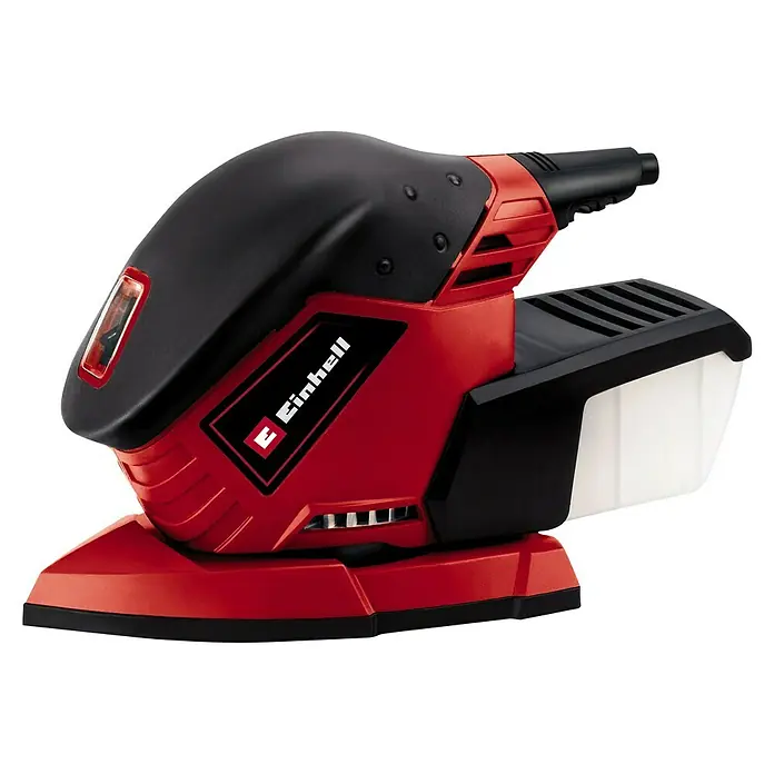 Einhell Elektro-Multischleifer TE-OS 1320 - 130 W, Leerlaufschwingzahl: 24.000 U/min, Durchmesser Schwingkreis: 2 mm - Abbildung eines roten Einhell Exzenterschleifers mit schwarzem Griff und Staubfangbehälter für Heimwerker und professionelle Anwendungen.