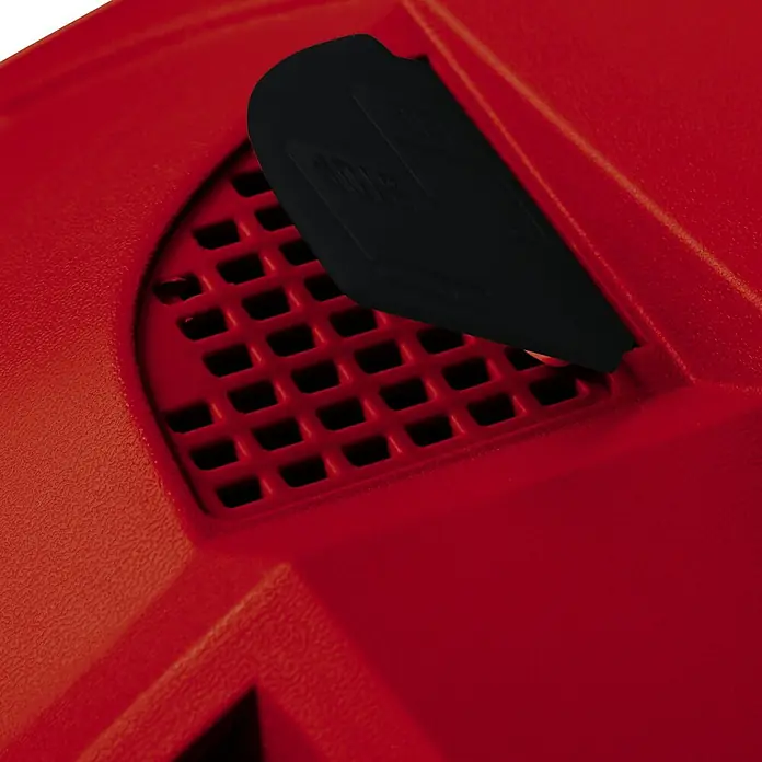 Einhell Elektro-Rasenmäher GC-EM 1742 - 1.700 W, Schnittbreite: 42 cm - Nahaufnahme eines roten Kunststoffprodukts mit einem schwarzen Detail und einem Gitter.