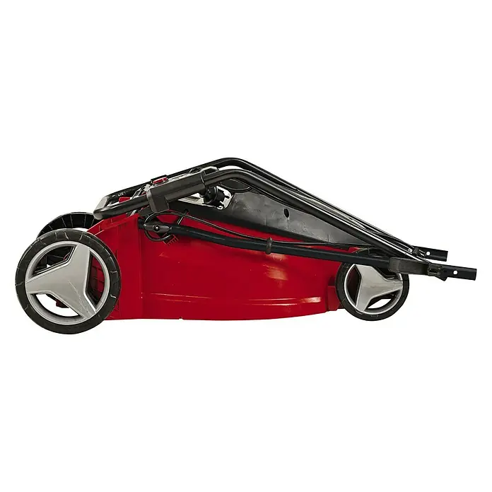 Einhell Cortacésped eléctrico GC-EM 1742 - 1.700 W, Ancho de corte: 42 cm - Un cortacésped rojo en posición plegada, ideal para ahorrar espacio. El aparato es ligero y fácil de transportar.