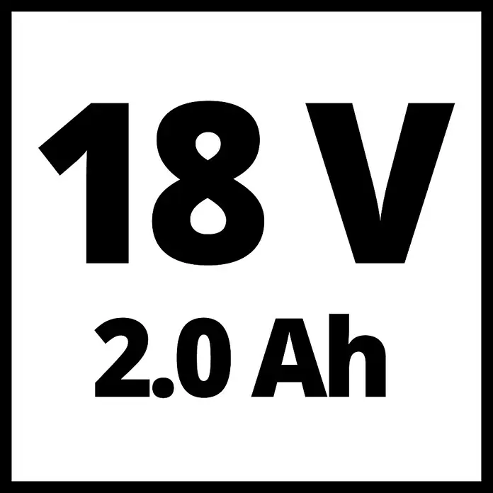 Einhell Power X-Change 18V Akku-Laubbläser GE-CL 18 Li E Kit - 18 V, Li-Ionen, 1 Akku, Blasgeschwindigkeit: 210 km/h - Abbildung des Akku-Spezifikationsetiketts mit der Aufschrift 18V 2.0 Ah, das die Kapazität und Spannung des Produkts angibt.