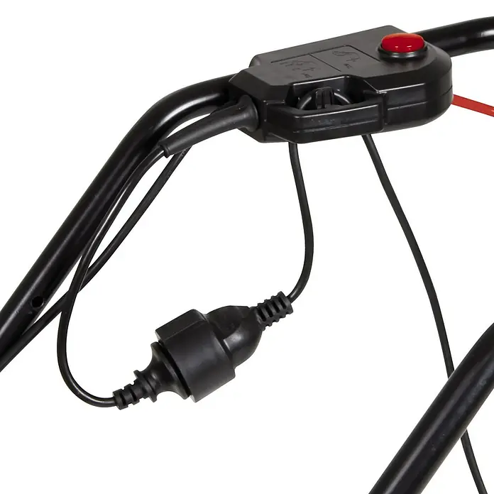 Einhell Elektro-Rasenmäher GC-EM 1742 - 1.700 W, Schnittbreite: 42 cm - Detailansicht des Bedienelements und des Stromanschlusses eines Rasenmähers.