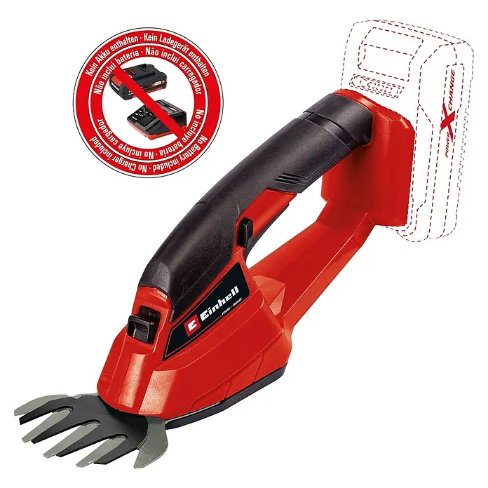 Einhell Power X-Change 18V Akku-Grasschere GE-CG 18/1 LI-SOLO - 18 V, Ohne Akku, Schnittbreite: 100 mm - Rote Einhell Akku-Gras- und Strauchschere mit schwarzem Griff und silbernen Klingen, Akku nicht enthalten, ideal für den Garten.