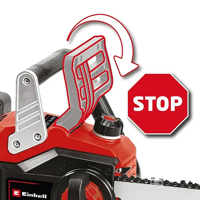 Einhell Professional PXC 18V Motosierra de batería GE-LC 36/35 Li-Solo - 36 V, Sin batería, Longitud de la cuchilla: 35 cm - Primer plano de una motosierra Einhell que destaca las características de seguridad con una barra protectora y una señal de stop roja.