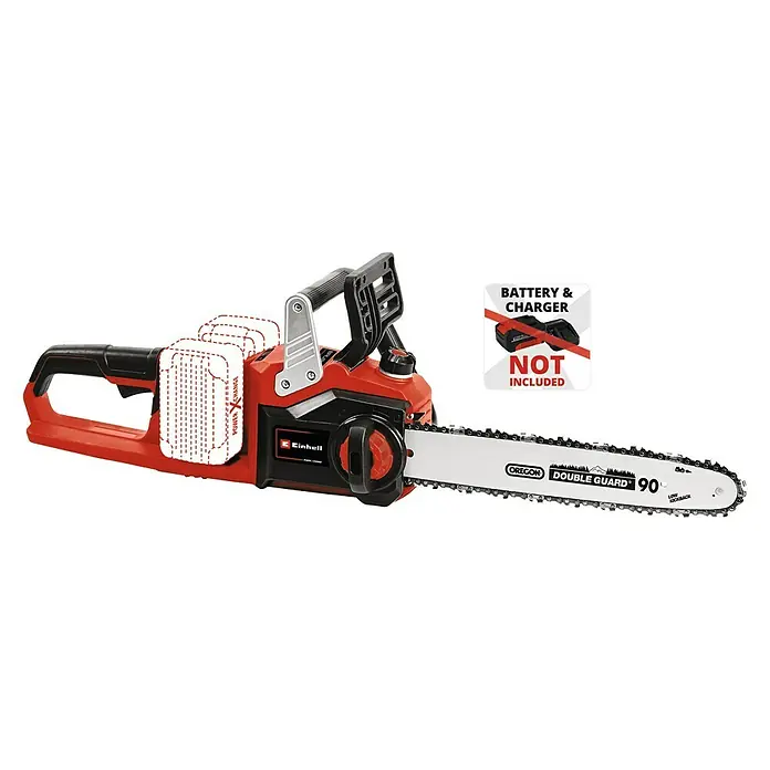Einhell Professional Akku-Kettensäge GP-LC 36/35 Li-Solo - 36 V, Ohne Akku, Schwertlänge: 35 cm - Eine rote Einhell Akku-Kettensäge mit Oregon-Schwert, die ohne Akku und Ladegerät geliefert wird, ideal für Gartenarbeiten.
