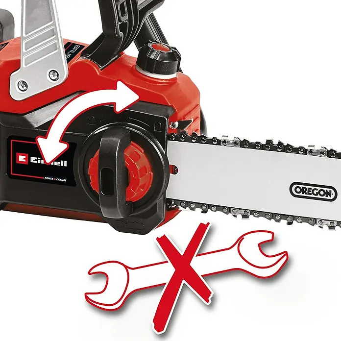 Einhell Professional PXC 18V Motosierra de batería GE-LC 36/35 Li-Solo - 36 V, Sin batería, Longitud de la cuchilla: 35 cm - Imagen de una motosierra Einhell que permite cambiar y tensar la cadena sin herramientas.
