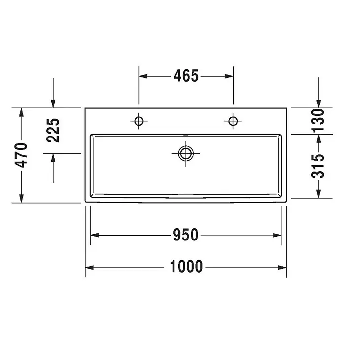 Duravit Vero Air Doppelwaschtisch - 100 x 47 cm, Ohne Spezialglasur, Hahnloch: Mitte, Ohne Überlauf, Weiß, Ungeschliffen - Draufsicht auf ein Waschbecken mit Maßangaben zu Abmessungen und Positionen für Installationen.