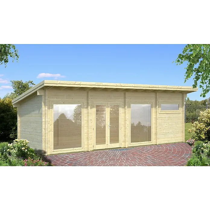 Palmako Caseta de jardín Heidi - Medidas ext. (An x Pr): 885 x 393 cm, Madera, Natural - Imagen de una moderna caseta de jardín hecha de madera clara con grandes ventanales y una puerta doble sobre una superficie pavimentada.