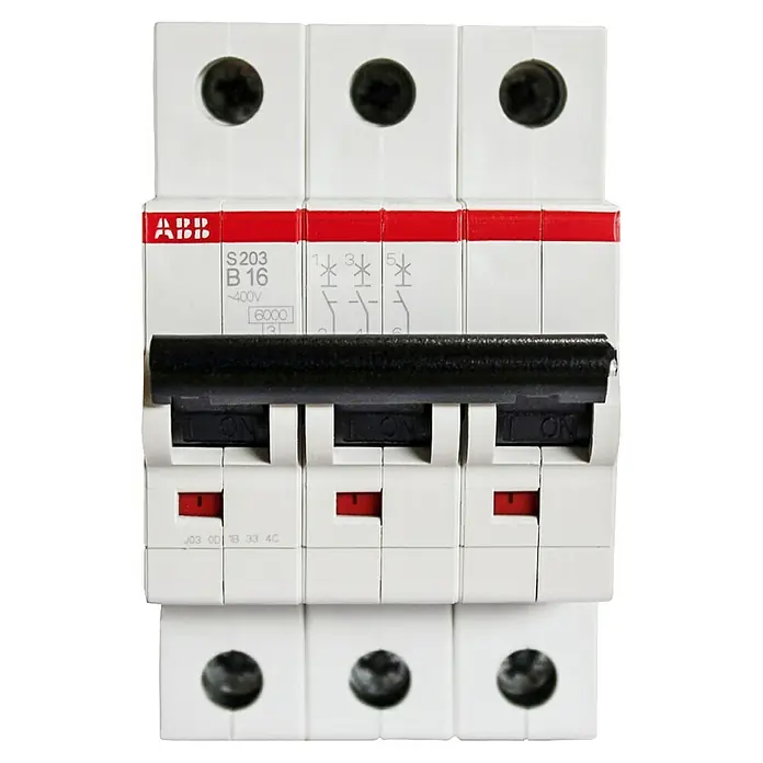 ABB System pro M compact Sicherungsautomat S203 B16A - B, 16 A, 6 kA, 3 Stk. - ABB S203 B16 Leitungsschutzschalter, dreipolig, mit roter Anzeige für den Schaltzustand. Sichere elektrische Installationen für Ihr Zuhause.