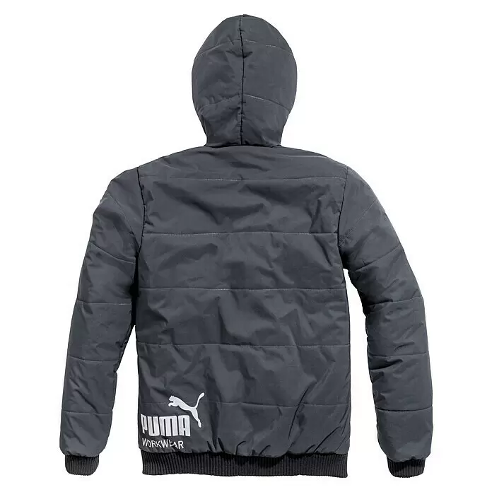 Puma Workwear Chaqueta de invierno Champ - Gris carbono, L - Chaqueta acolchada con capucha gris oscuro, costuras horizontales y logo blanco Puma Workwear en la espalda.