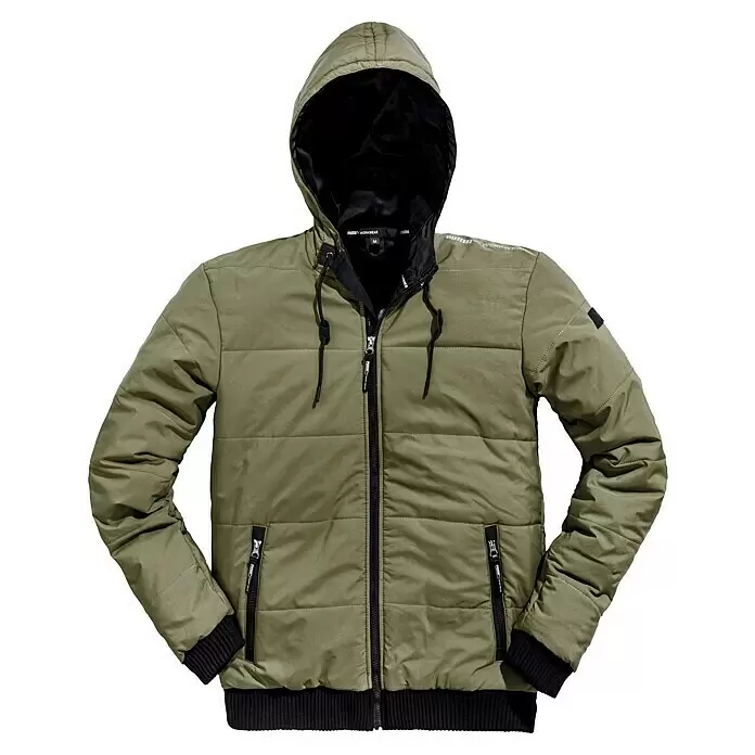 Puma Workwear Chaqueta de invierno Champ - Verde oliva, L - Chaqueta acolchada con capucha verde oliva con forro negro, cremalleras y puños acanalados.
