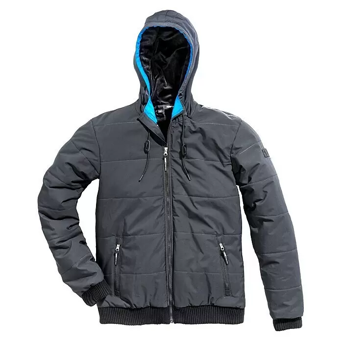 Puma Workwear Chaqueta de invierno Champ - Gris carbono, L - Chaqueta acolchada con capucha gris oscuro, forro azul, puños y dobladillo acanalados negros, cremallera.